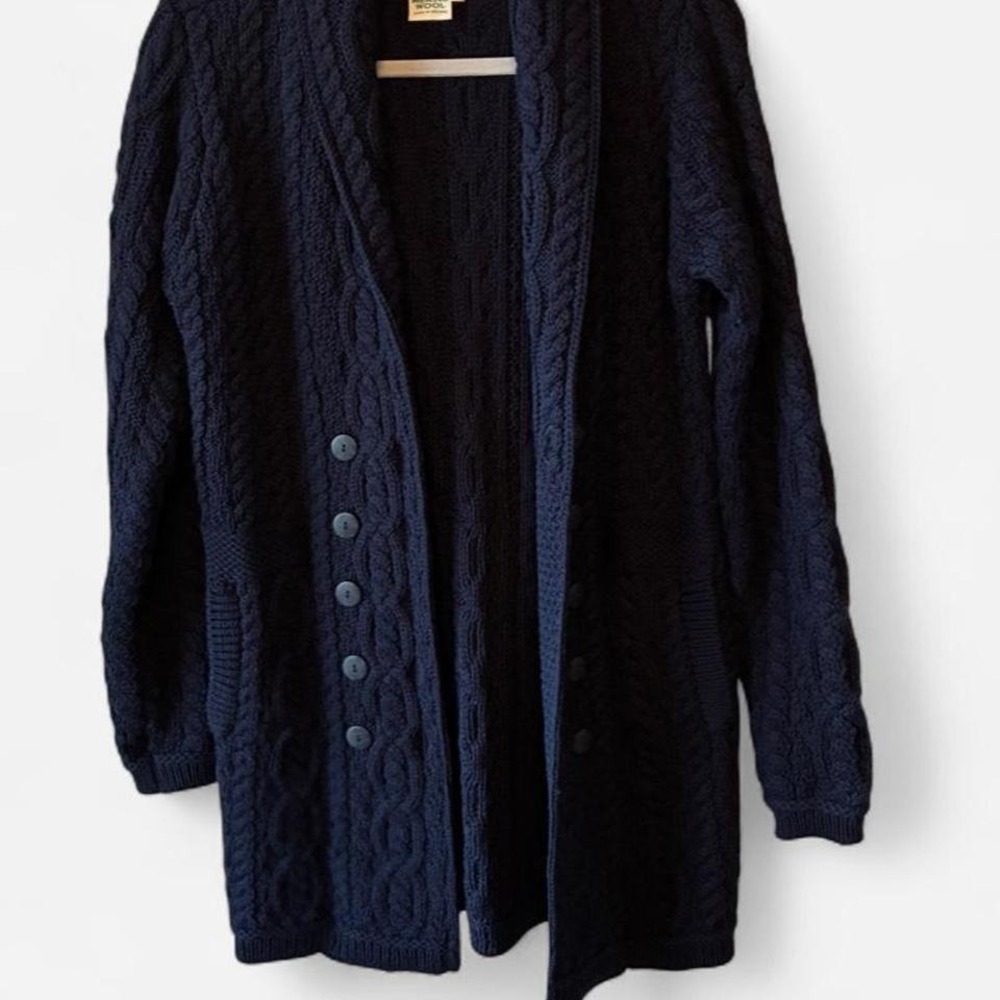 Vintage Cable knit Navy Irish Merino Wool Cardigan w/ cowl neck & buttons Sz Sm